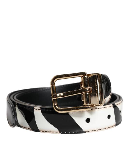 Dolce & Gabbana Black & White Zebra Gold Metal Logo Buckle Belt