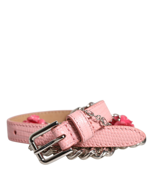 Dolce & Gabbana Pink Embellished Roses Textured Leather Belt
