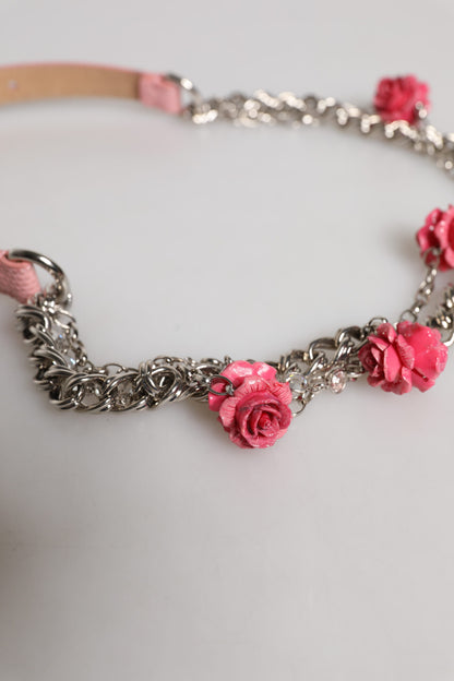 Dolce & Gabbana Pink Embellished Roses Textured Leather Belt