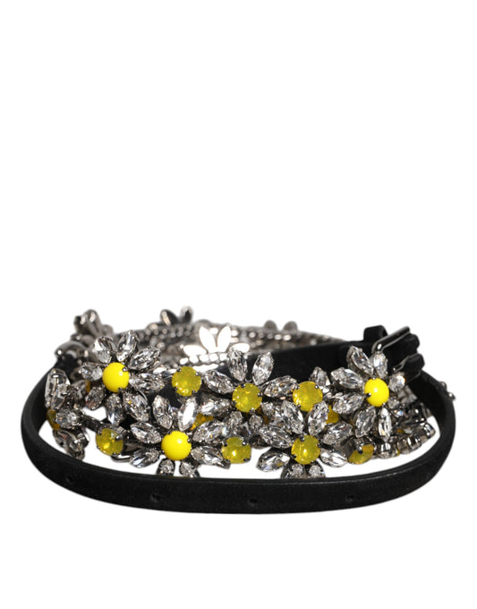 Dolce & Gabbana Black Leather Daisy Crystal Embellished Waist Belt
