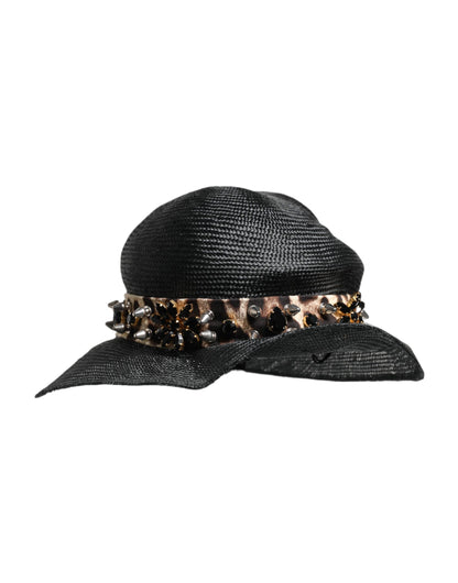 Dolce & Gabbana Black Straw Crystal Embellished Wide Brim Hat