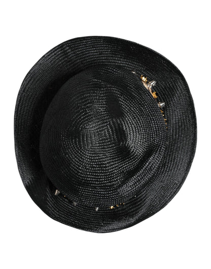 Dolce & Gabbana Black Straw Crystal Embellished Wide Brim Hat