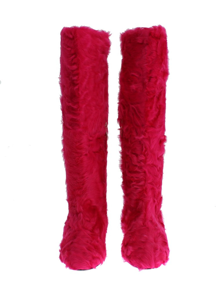  - Elegant Pink Lambskin Fur Boots