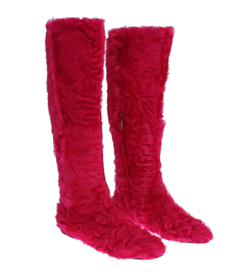  - Elegant Pink Lambskin Fur Boots