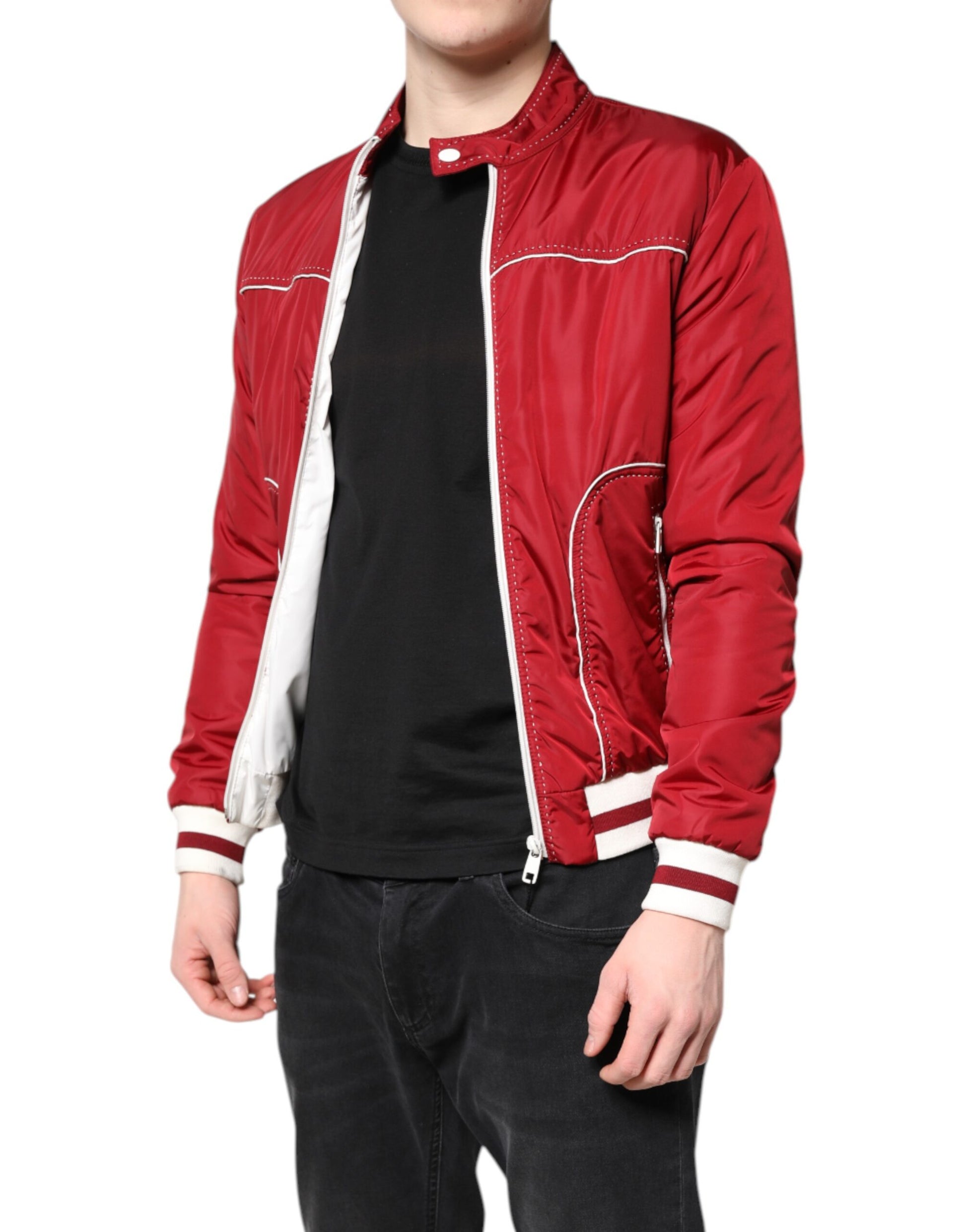 Dolce & Gabbana Red Nylon Full Zip Bomber Jacket for Men