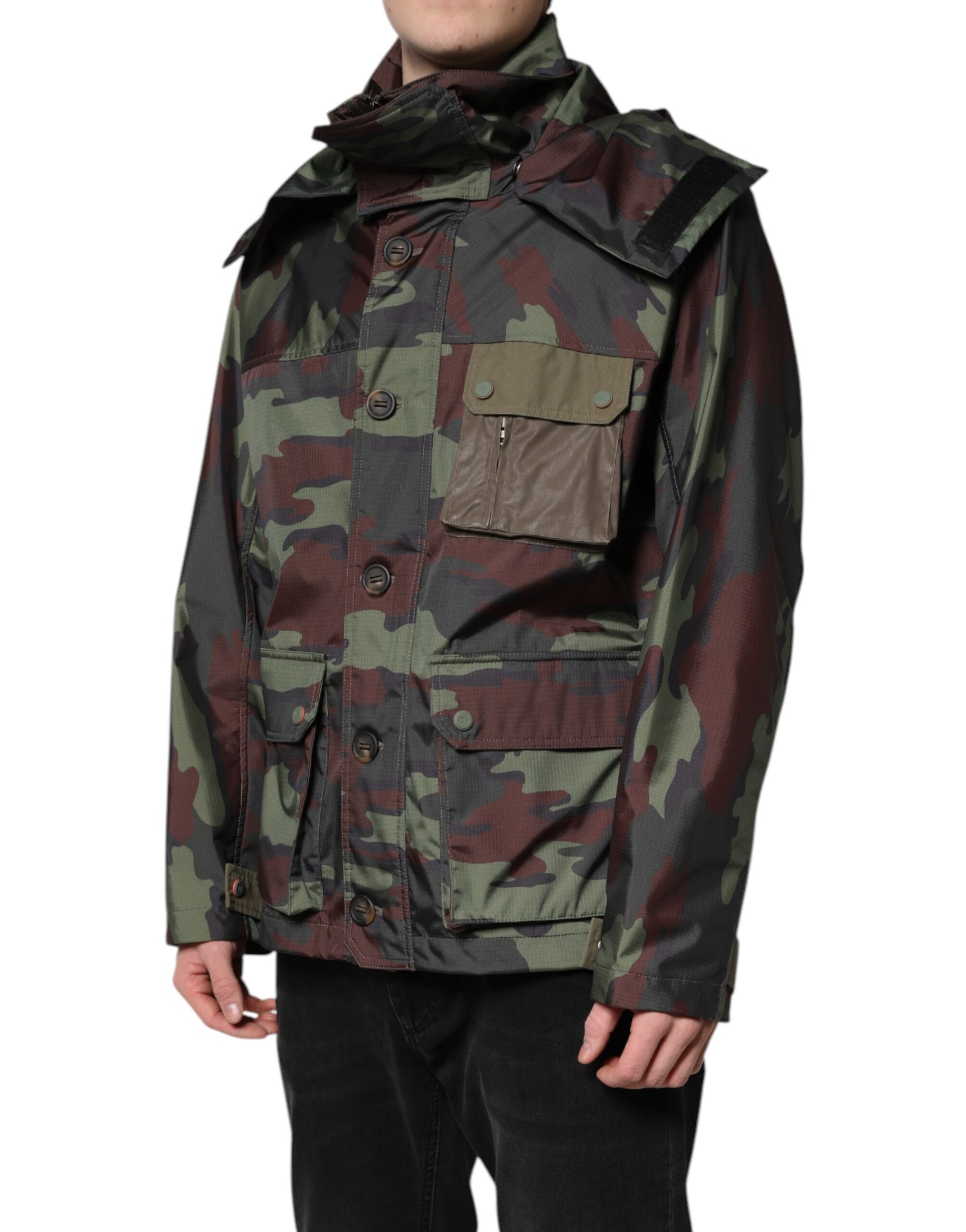 Dolce & Gabbana Multicolor Camouflage Button Hooded Jacket