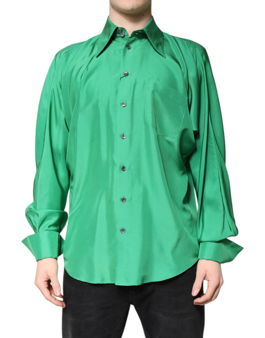 Dolce & Gabbana Green Silk Satin Long Sleeves Casual Shirt