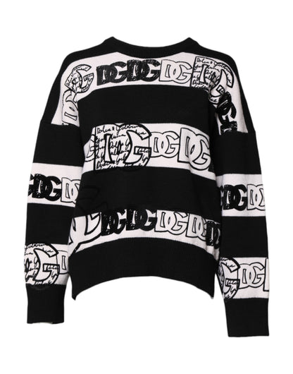 Dolce & Gabbana Black & White Logo Print Cashmere Pullover Sweater