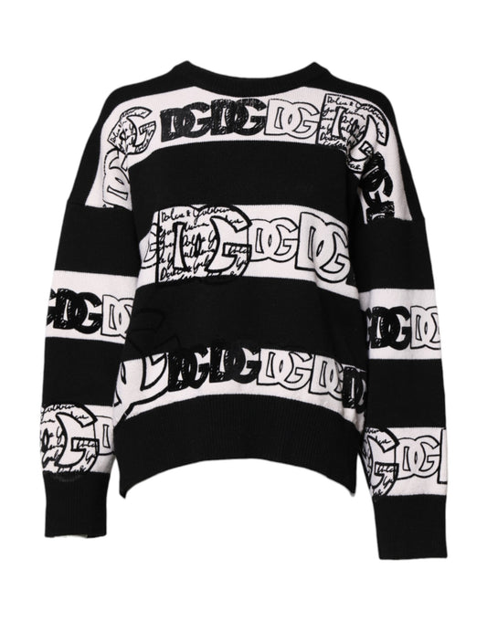 Dolce & Gabbana Black & White Logo Print Cashmere Pullover Sweater