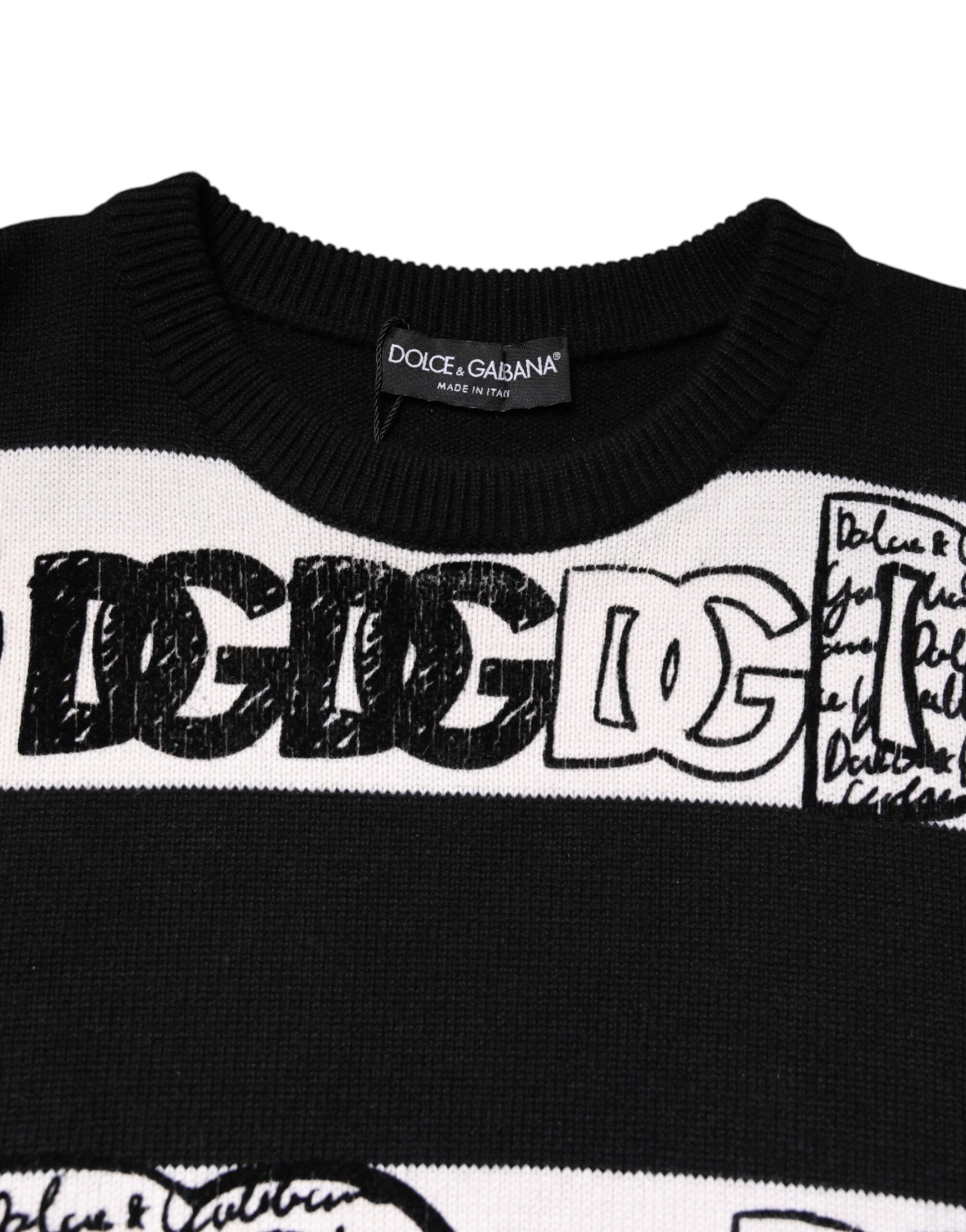 Dolce & Gabbana Black & White Logo Print Cashmere Pullover Sweater