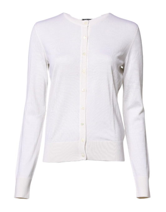 Dolce & Gabbana White Cashmere Crew Neck Cardigan Sweater