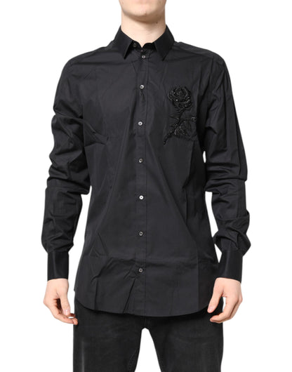 Dolce & Gabbana Black Floral Gold Cotton Dress Shirt