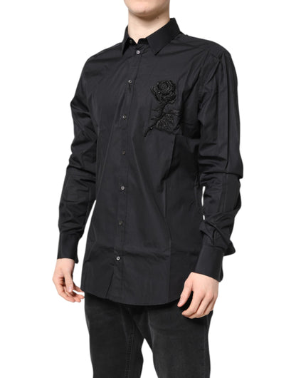 Dolce & Gabbana Black Floral Gold Cotton Dress Shirt
