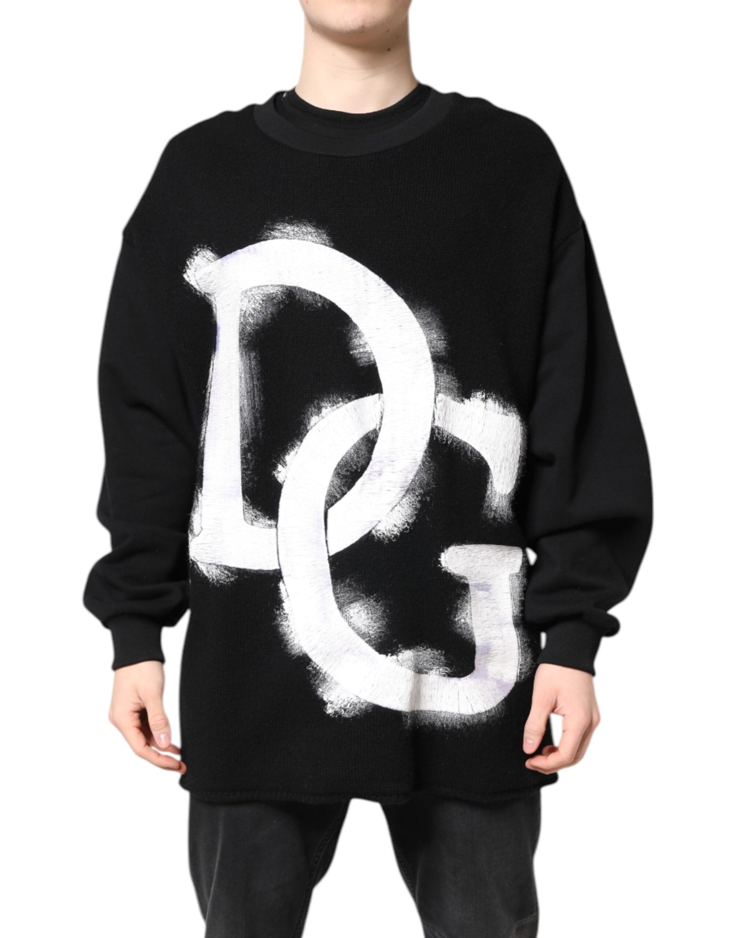 Dolce & Gabbana Black Cotton Logo Print Men's Pullover Sweater
