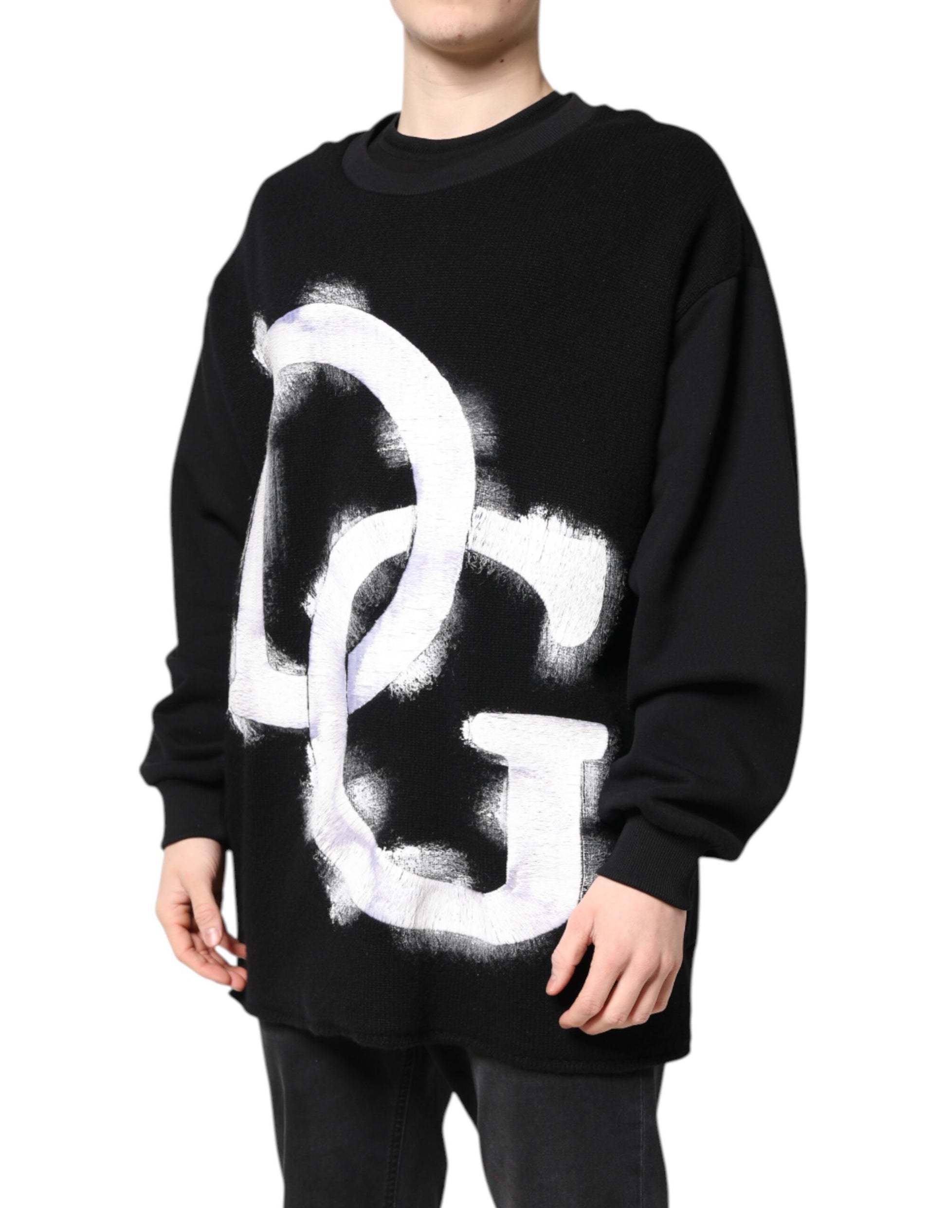 Dolce & Gabbana Black Cotton Logo Print Men's Pullover Sweater