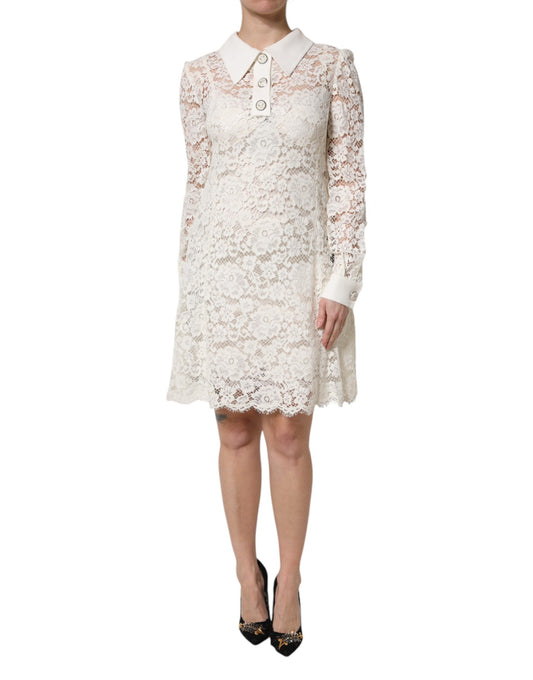 Dolce & Gabbana White Floral Lace Long Sleeves Shift Dress - Preowned