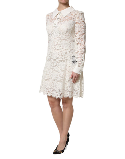 Dolce & Gabbana White Floral Lace Long Sleeves Shift Dress - Preowned