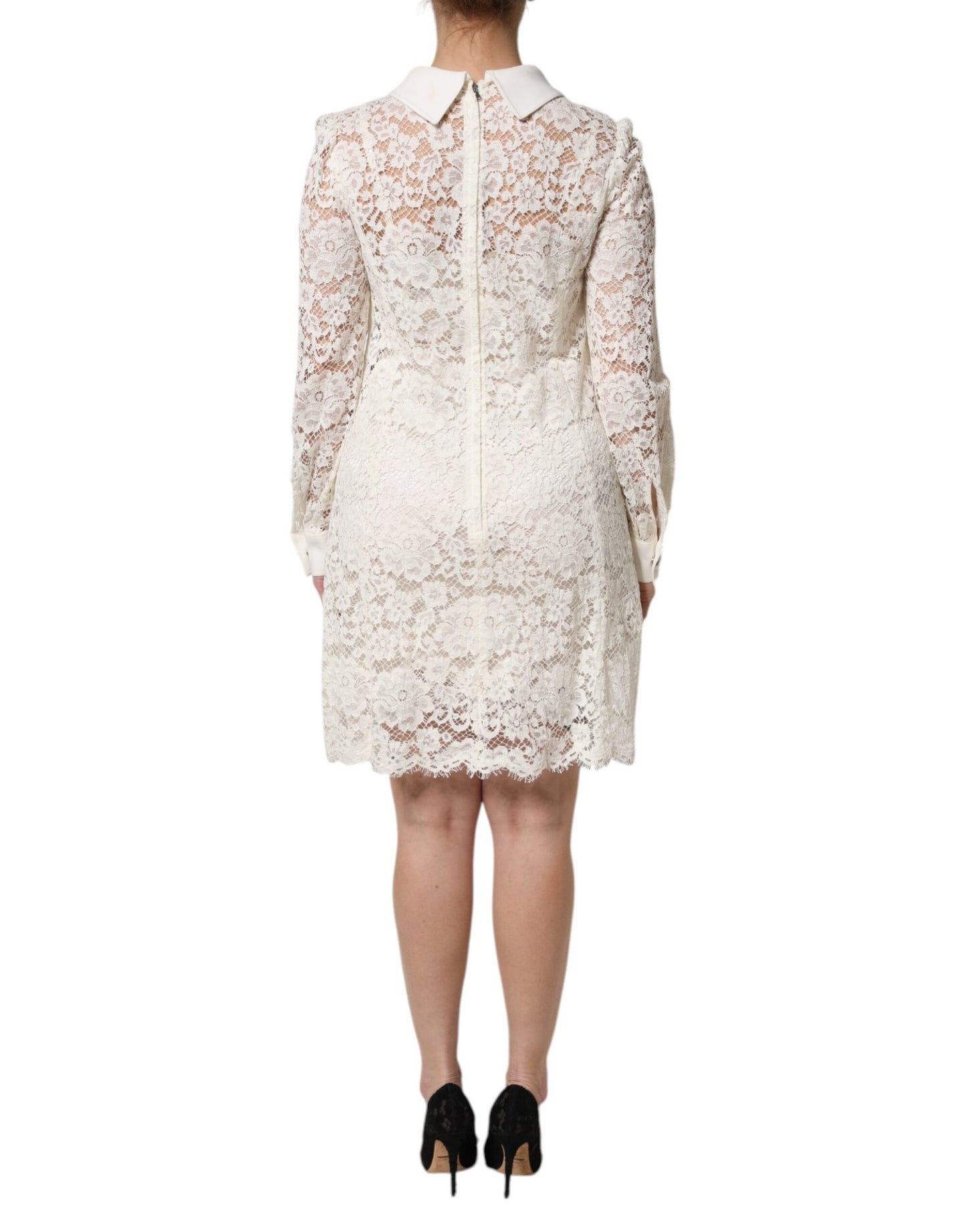 Dolce & Gabbana White Floral Lace Long Sleeves Shift Dress - Preowned