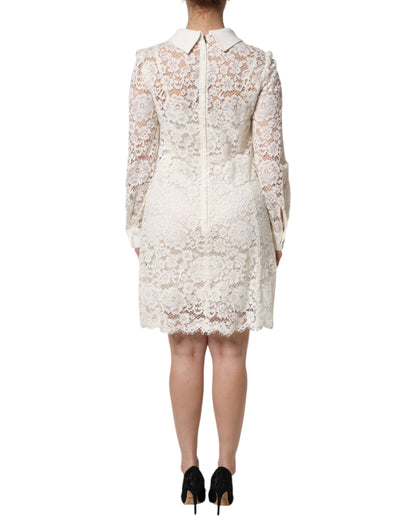 Dolce & Gabbana White Floral Lace Long Sleeves Shift Dress - Preowned