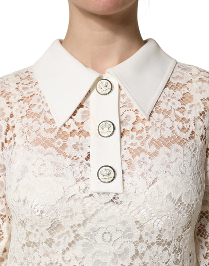 Dolce & Gabbana White Floral Lace Long Sleeves Shift Dress - Preowned