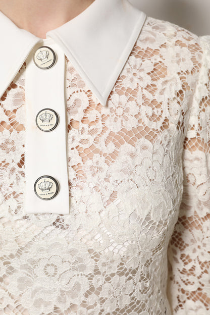 Dolce & Gabbana White Floral Lace Long Sleeves Shift Dress - Preowned