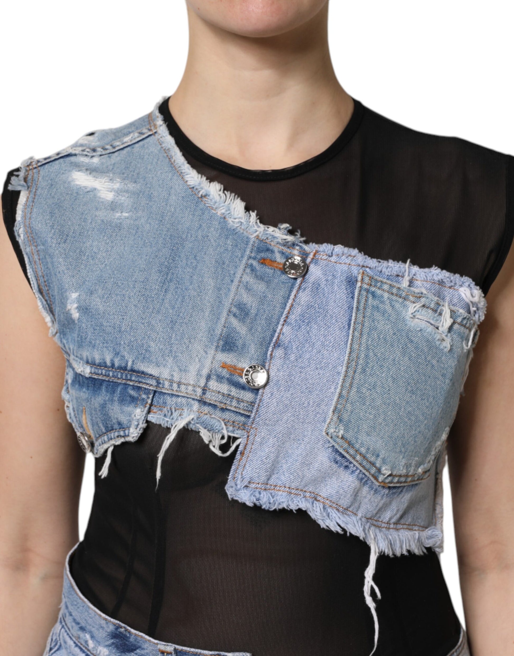 Dolce & Gabbana Sheer Black & Blue Denim Detail Mini Dress