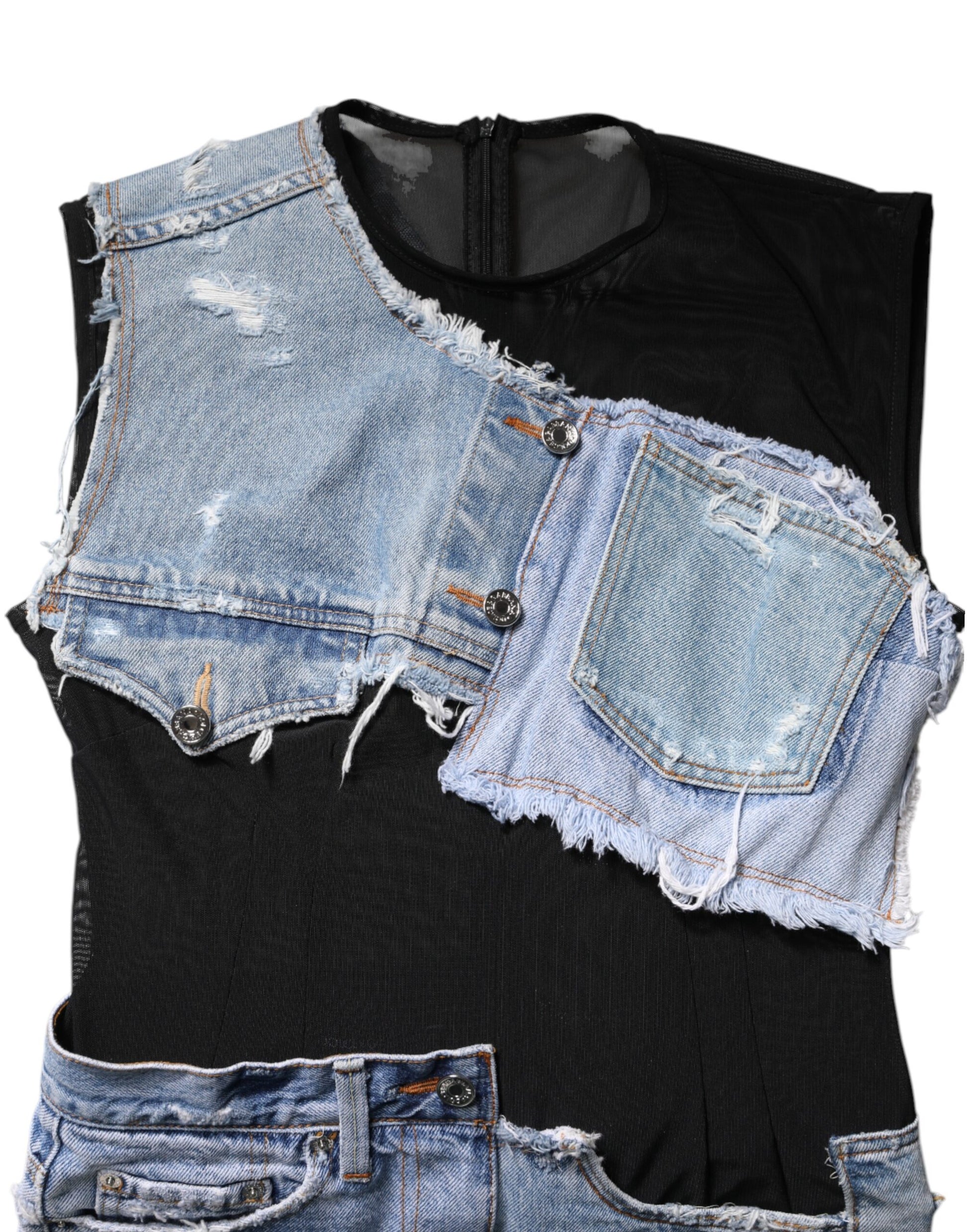 Dolce & Gabbana Sheer Black & Blue Denim Detail Mini Dress