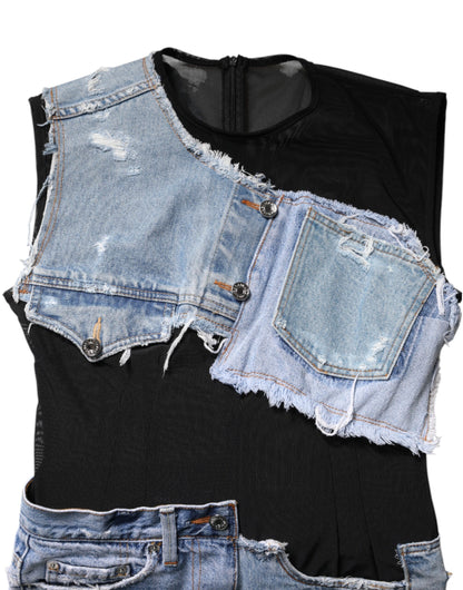 Dolce & Gabbana Sheer Black & Blue Denim Detail Mini Dress