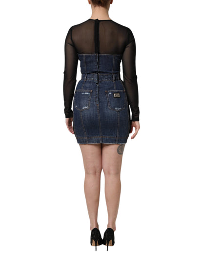 Dolce & Gabbana Blue and Black Long Sleeves Denim Mini Dress