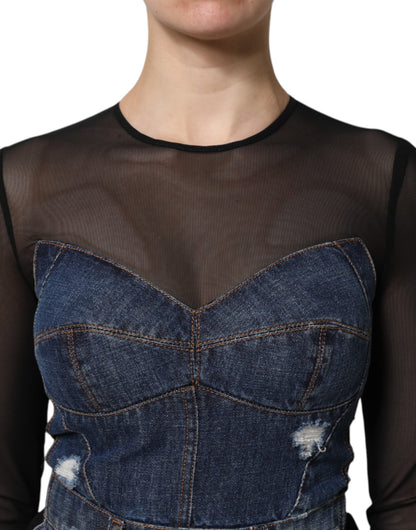 Dolce & Gabbana Blue and Black Long Sleeves Denim Mini Dress