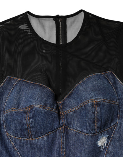 Dolce & Gabbana Blue and Black Long Sleeves Denim Mini Dress