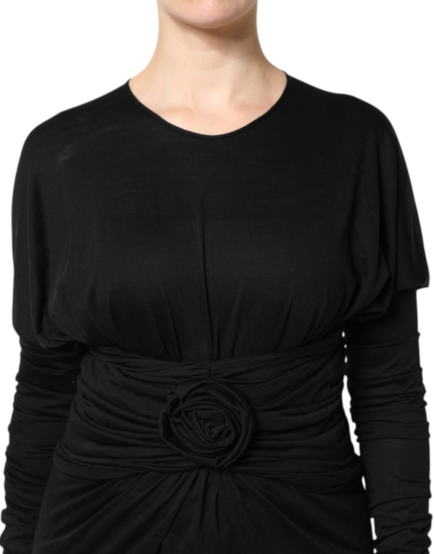 Dolce & Gabbana Black Wool Long Sleeves Sheath Midi Dress