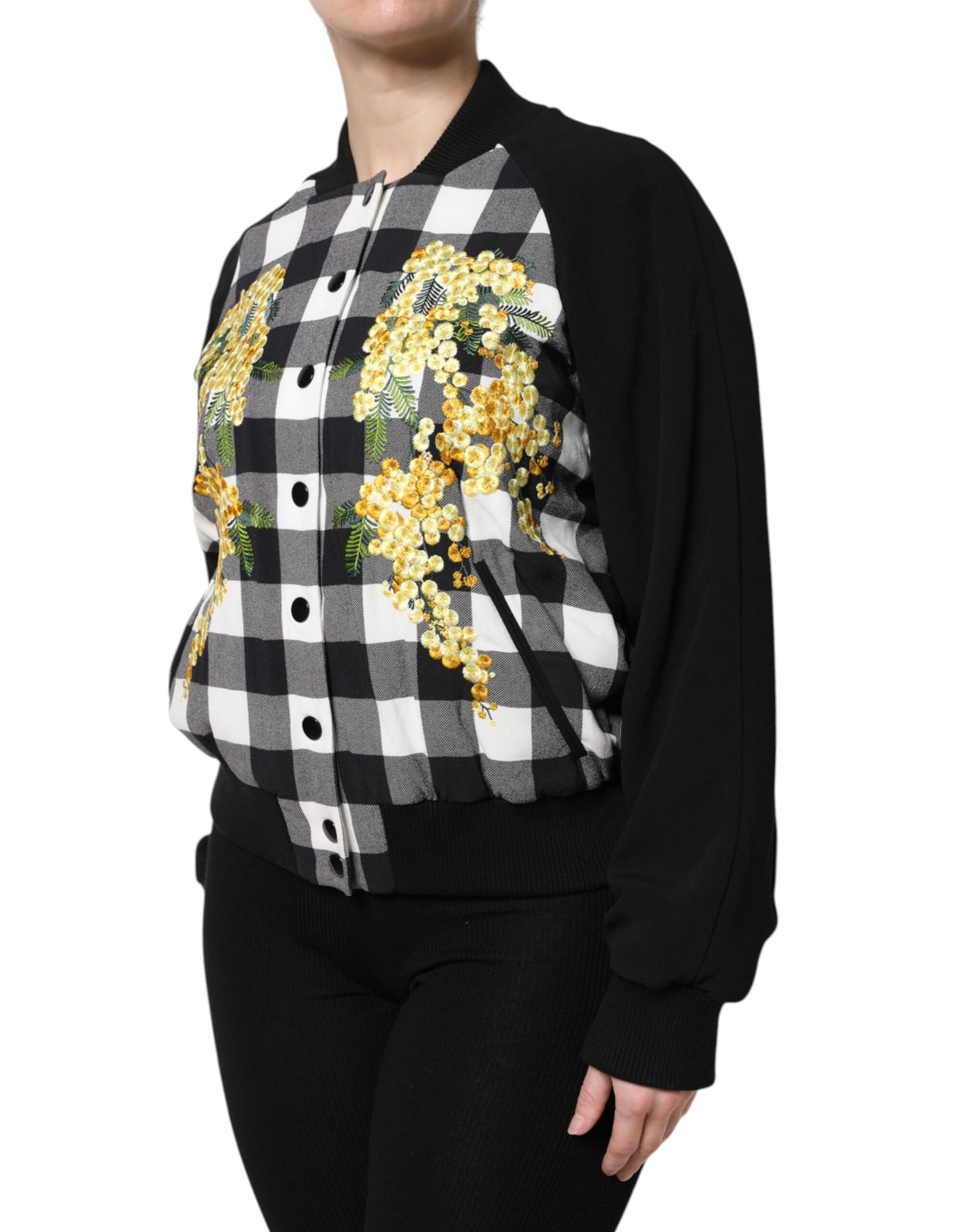 Dolce & Gabbana Black and White Check Floral Button Down Jacket
