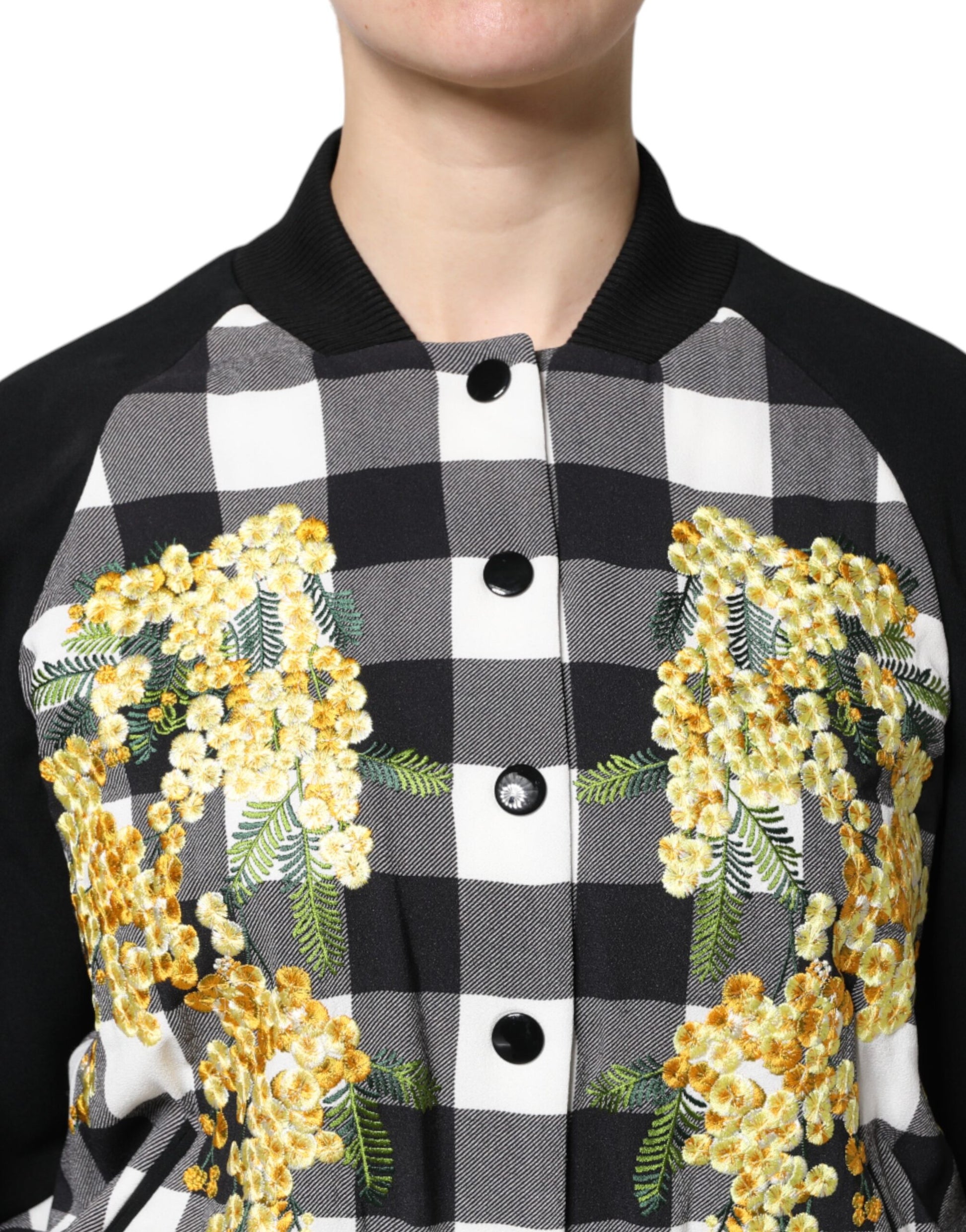 Dolce & Gabbana Black and White Check Floral Button Down Jacket