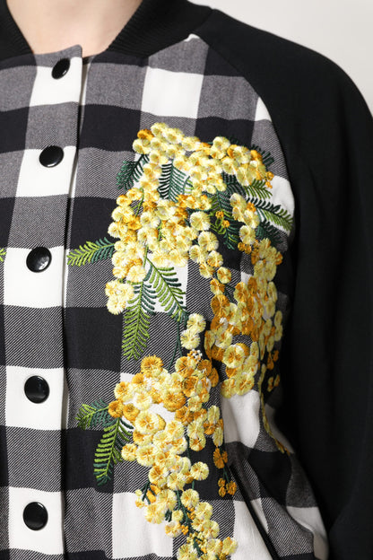 Dolce & Gabbana Black and White Check Floral Button Down Jacket