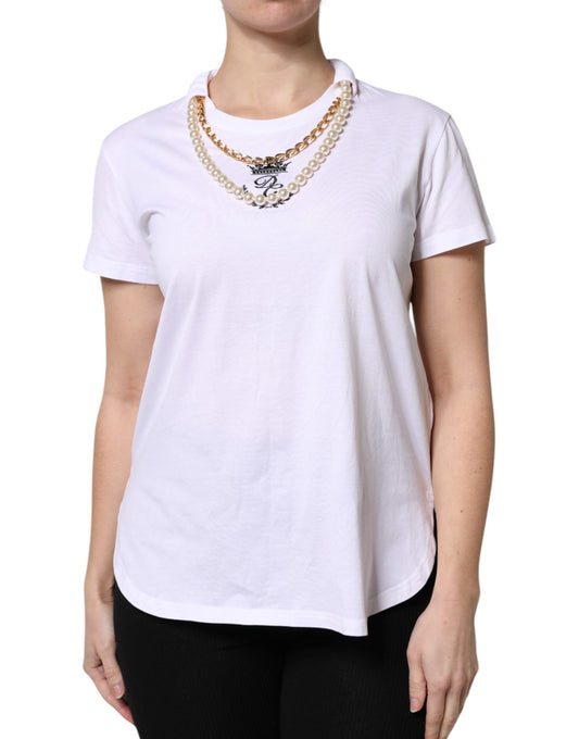 Dolce & Gabbana White Chain Pearl Cotton Round Neck T-Shirt