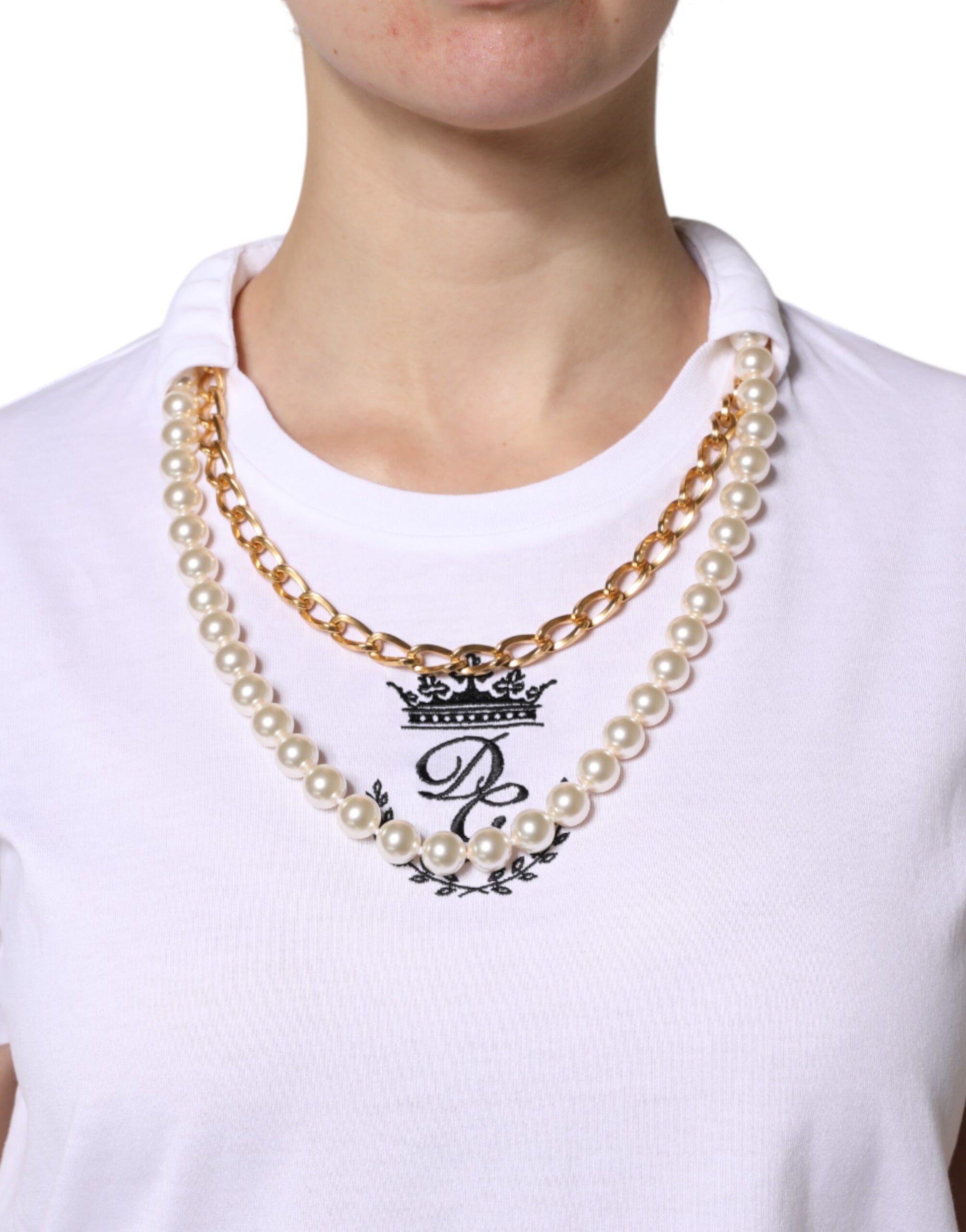 Dolce & Gabbana White Chain Pearl Cotton Round Neck T-Shirt