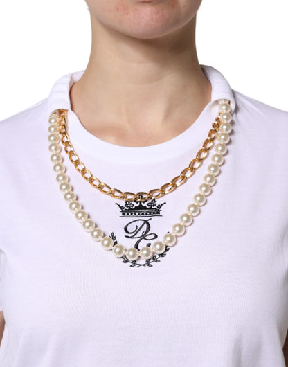 Dolce & Gabbana White Chain Pearl Cotton Round Neck T-Shirt