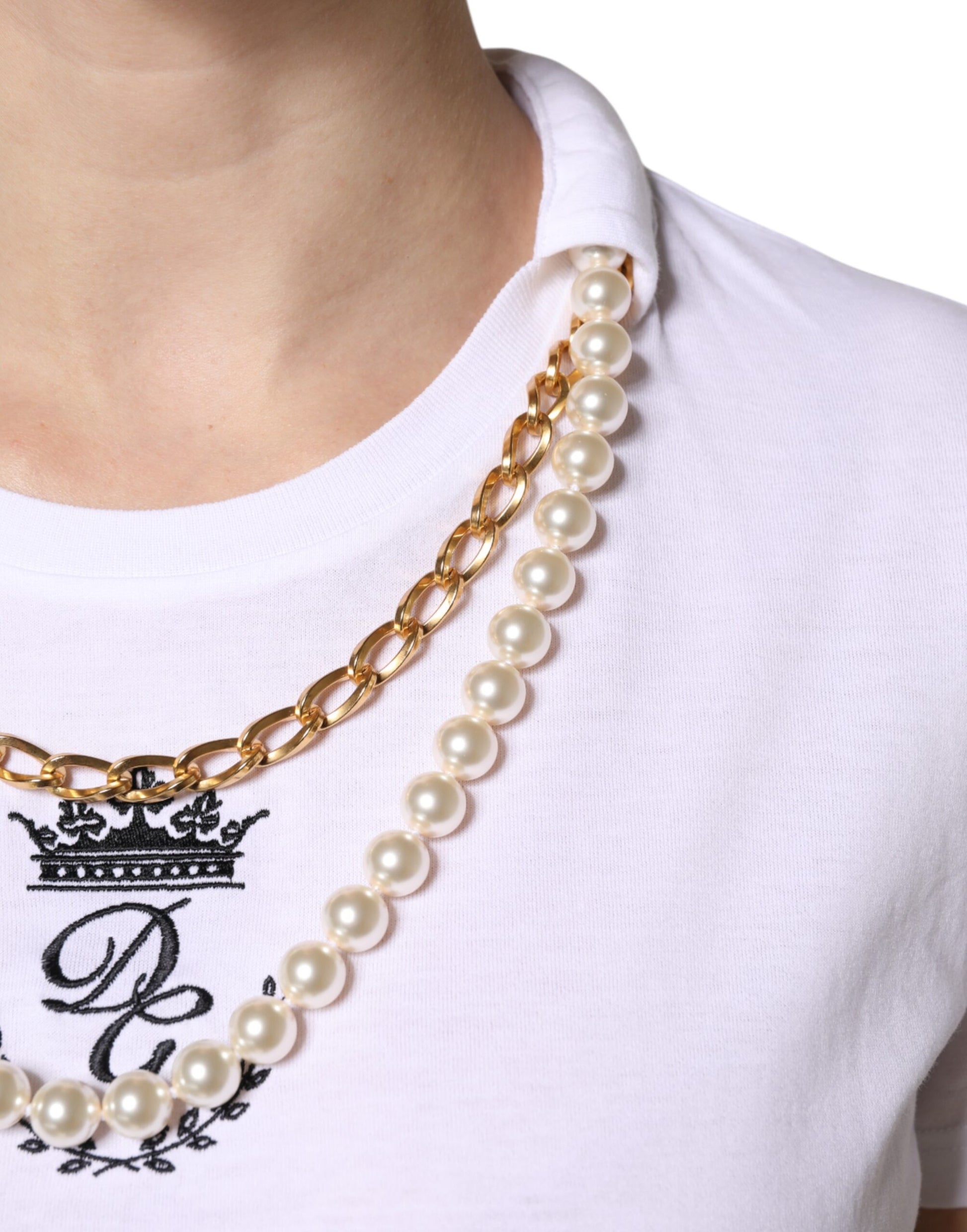 Dolce & Gabbana White Chain Pearl Cotton Round Neck T-Shirt