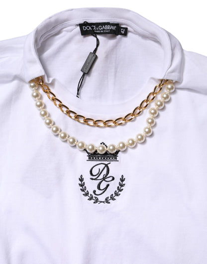 Dolce & Gabbana White Chain Pearl Cotton Round Neck T-Shirt