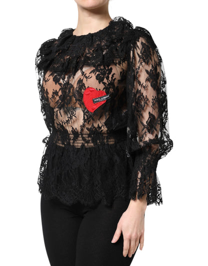 Dolce & Gabbana Black Cotton Floral Lace Blouse Top