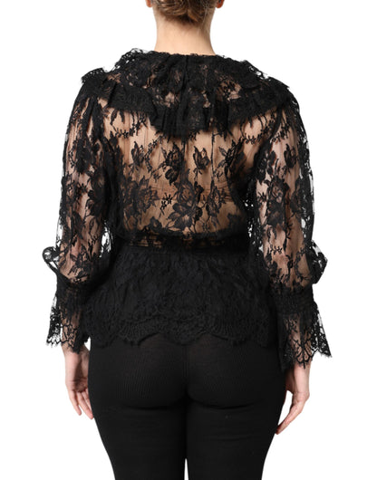 Dolce & Gabbana Black Cotton Floral Lace Blouse Top