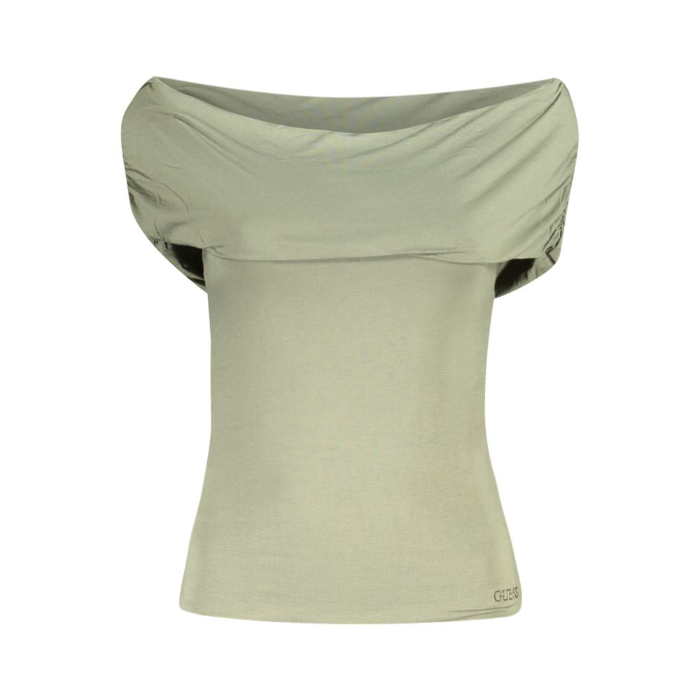 Guess Jeans Green Modal Off-the-Shoulder T-Shirt with Rhinestone Application