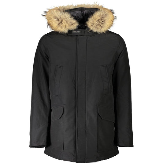 Woolrich Black Cotton Hooded Jacket with Removable Fur Trim