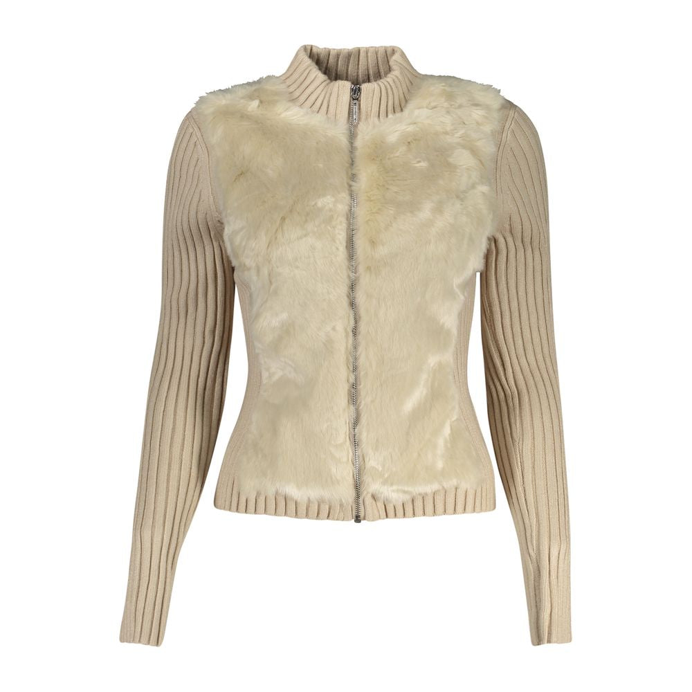 Guess Jeans Beige Polyester Sweater Cardigan with Logo and Contrasting Details