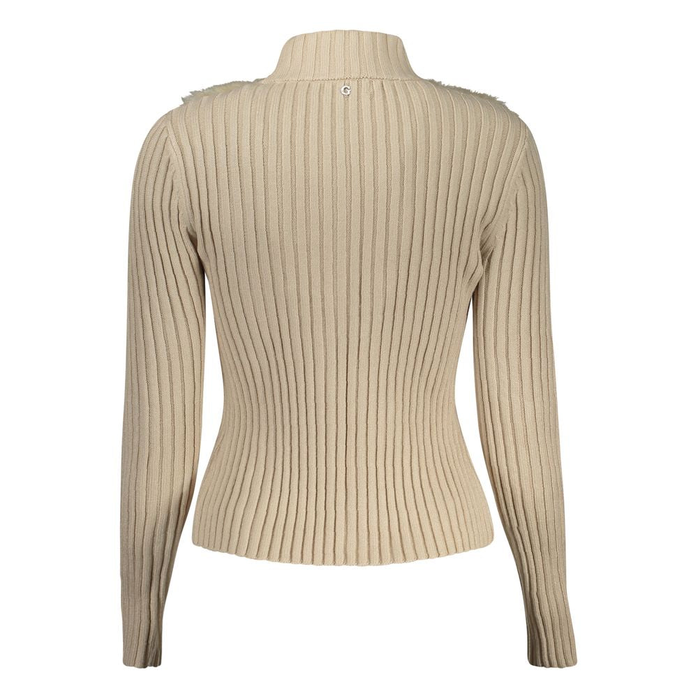 Guess Jeans Beige Polyester Sweater Cardigan with Logo and Contrasting Details