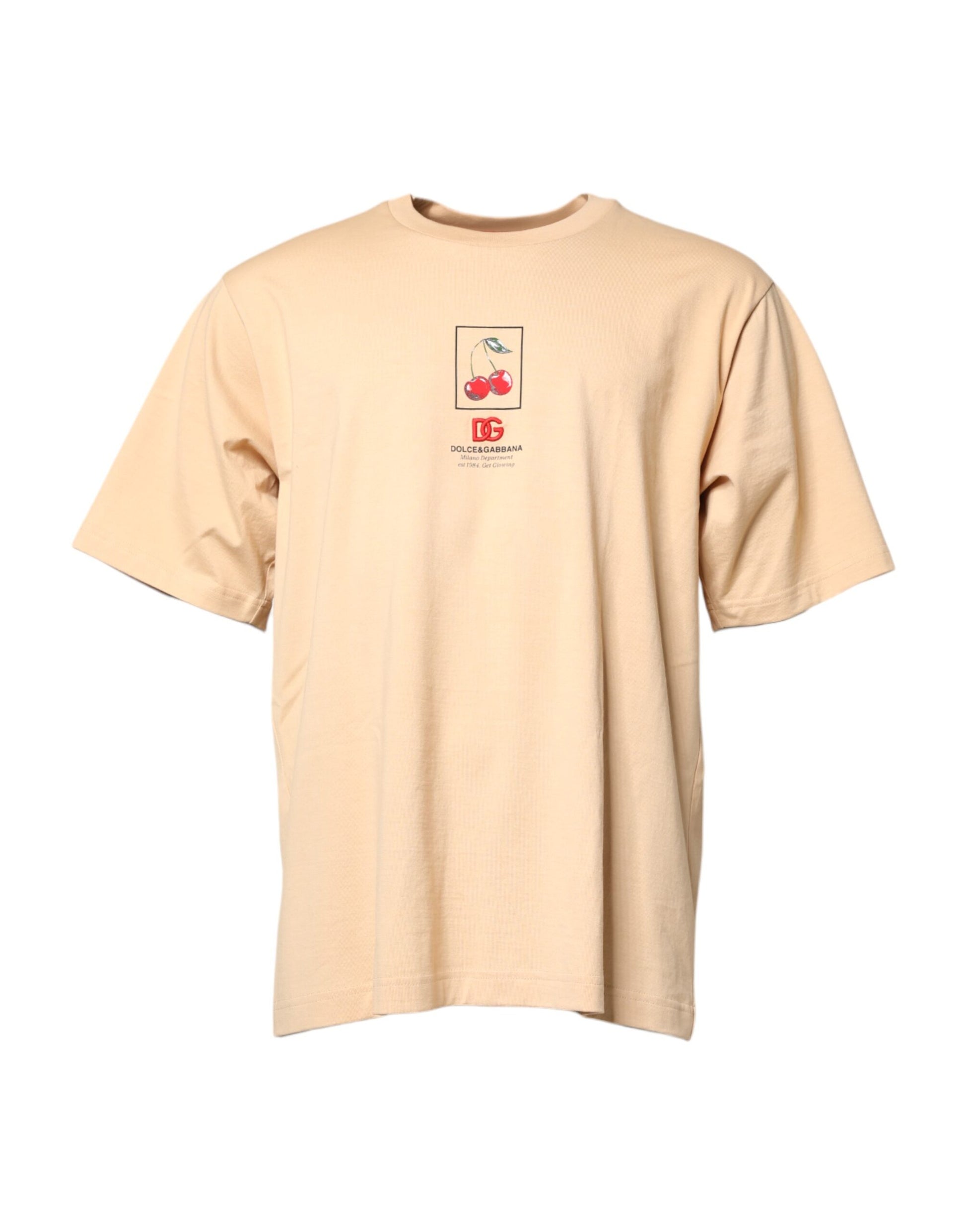 Dolce & Gabbana Beige Cotton Cherry DG Logo Print Crew Neck T-shirt