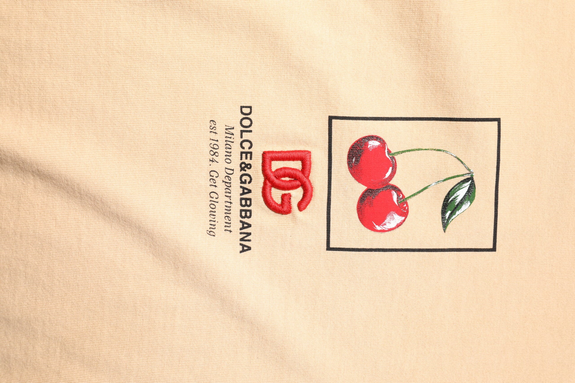 Dolce & Gabbana Beige Cotton Cherry DG Logo Print Crew Neck T-shirt
