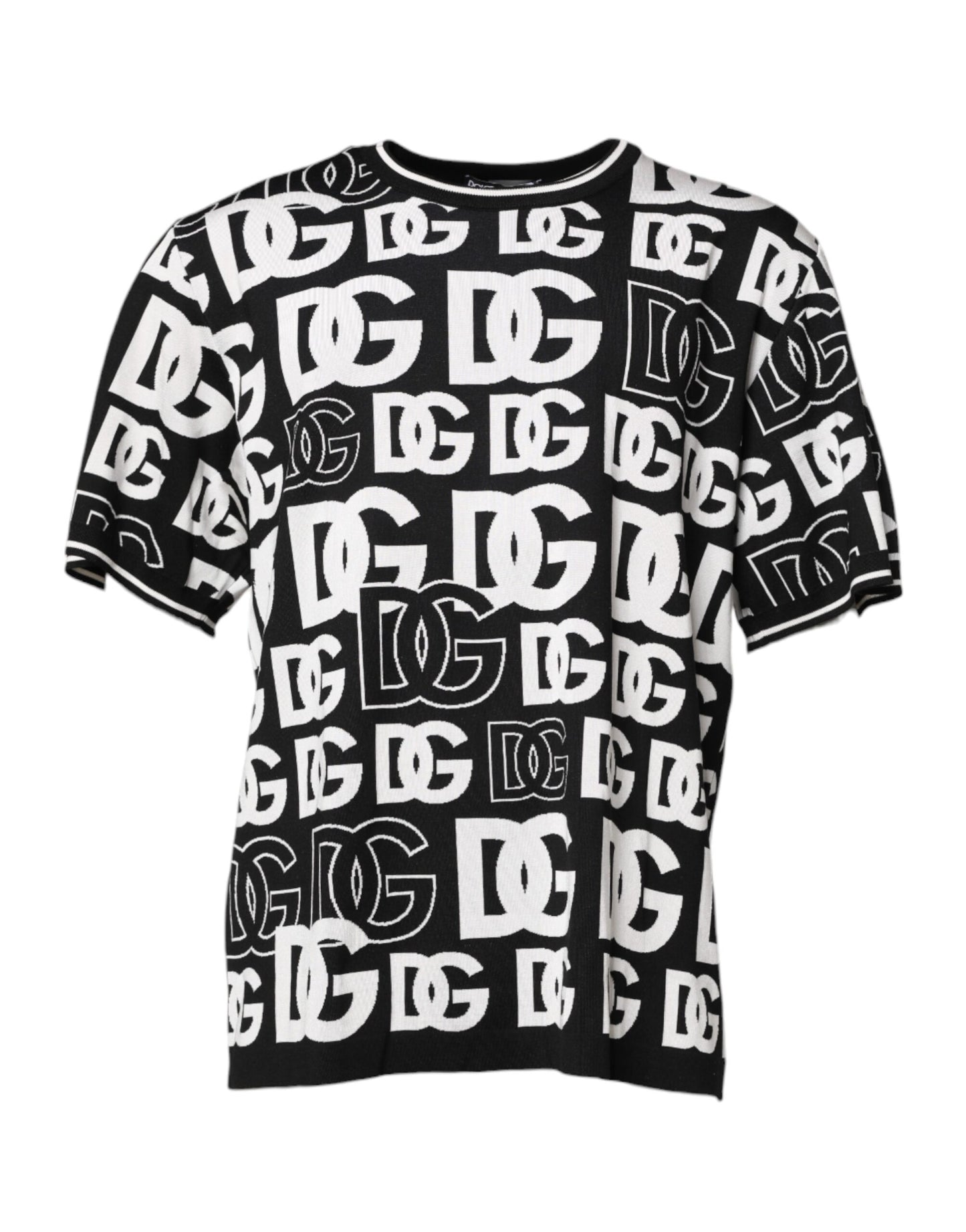 Dolce & Gabbana Black and White Silk Knit DG Print T-shirt