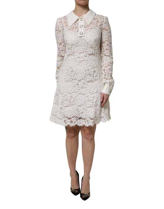 Dolce & Gabbana White Floral Lace Long Sleeves A-line Dress with Minor Defect